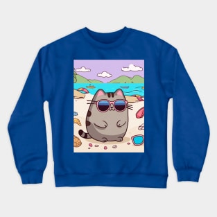 Cute pusheen enjoying a day on the beach Crewneck Sweatshirt